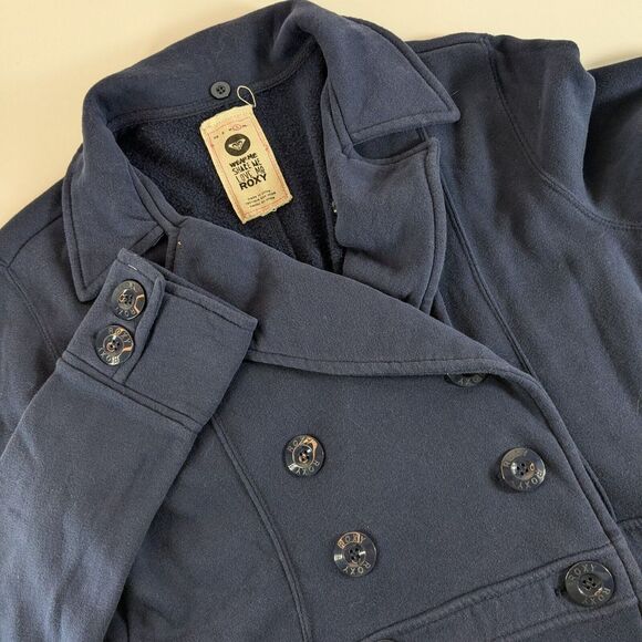 Roxy Women's L Large Button Front Navy Blue Long‎ Sleeve Cotton Fleece Jacket - Picture 1 of 7